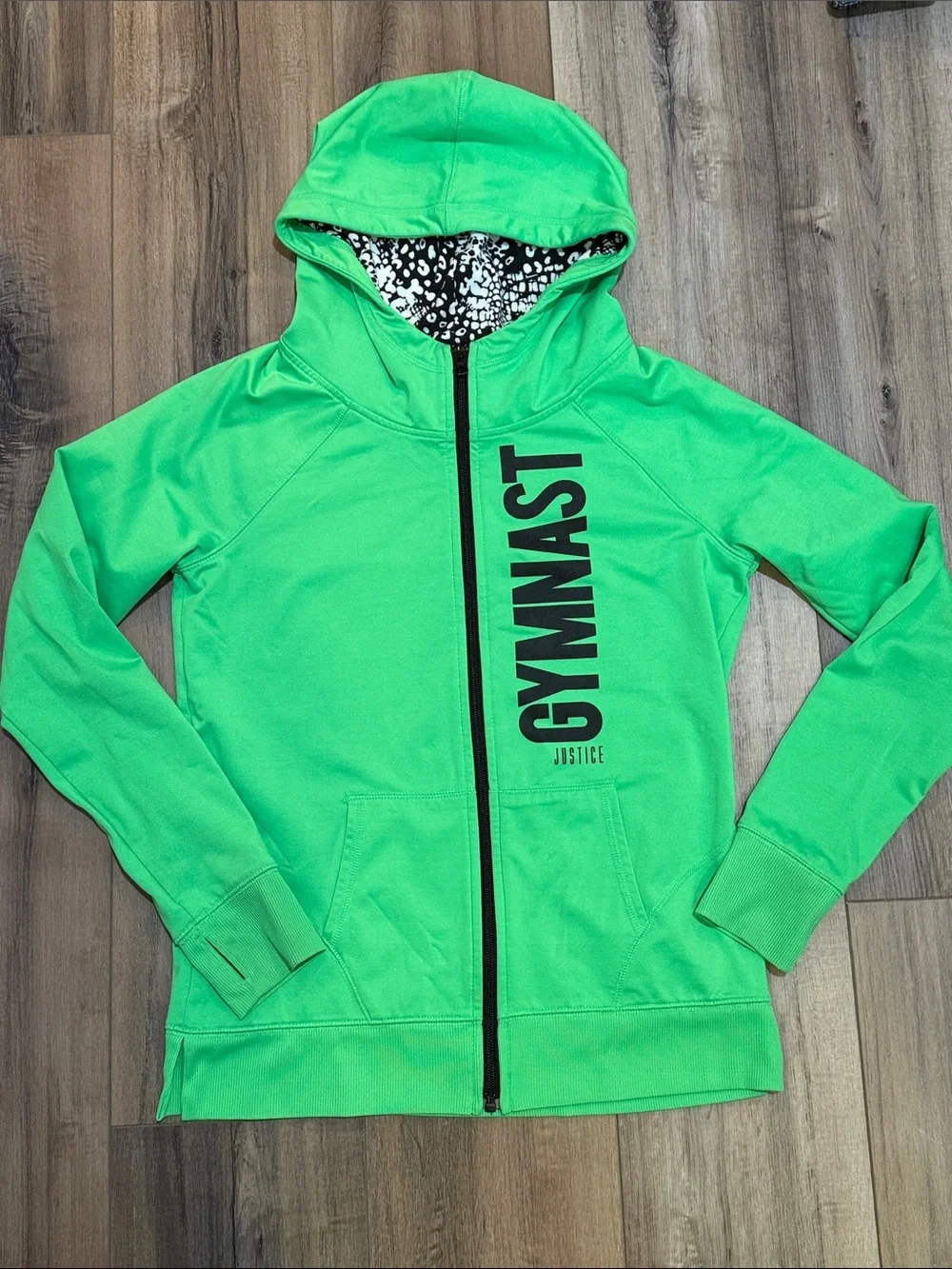 Justice Bright Green 'GYMNAST' Zip-Up Hoodie soft and stretch girls size 16